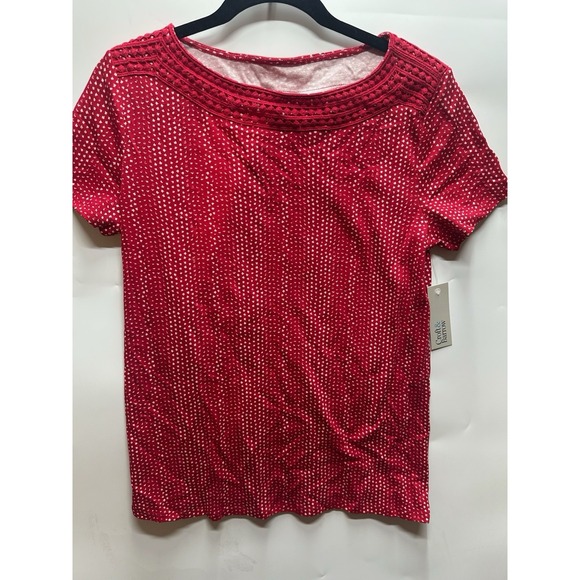 croft & barrow Tops - New CROFT & BARROW Womens Medium Red White Print Short Sleeve Cotton Top